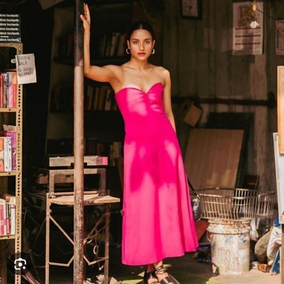 Zara Fuschia Sweetheart Neck Bustier Midi Dress With Pockets Women's Size Small - Picture 1 of 9